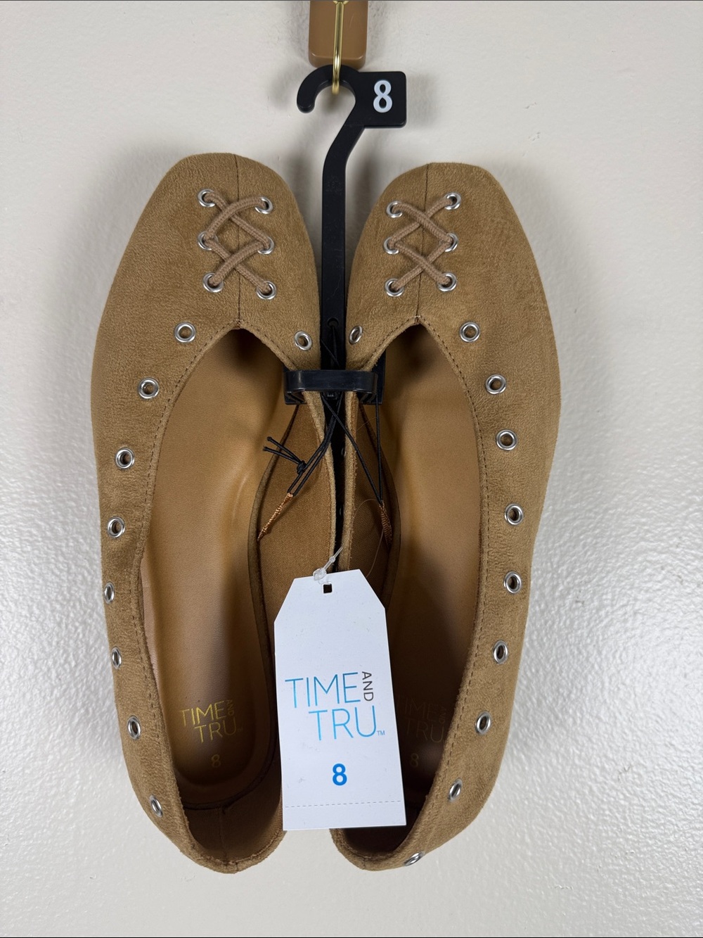 Time and Tru Tan Faux-Suede Lace-Up Eyelet Ballet Flats. NEW Size 8